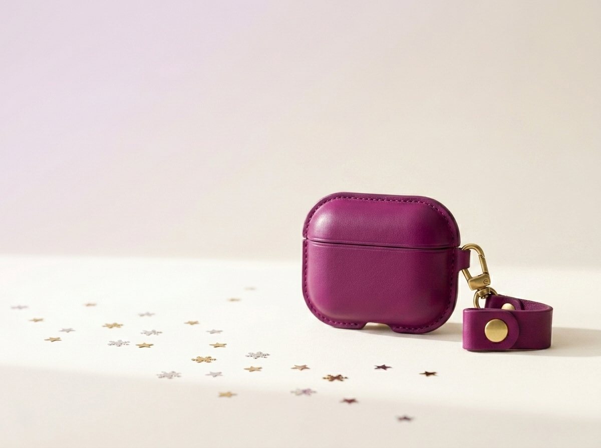 Flourish branded AirPod and AirTag cases in purple