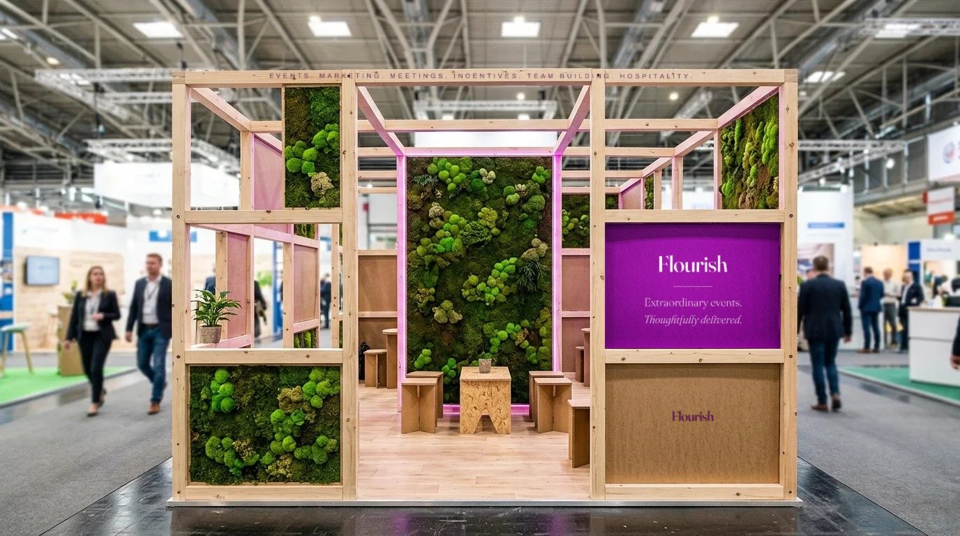 A timber exhibition stand with moss walls and Flourish branding